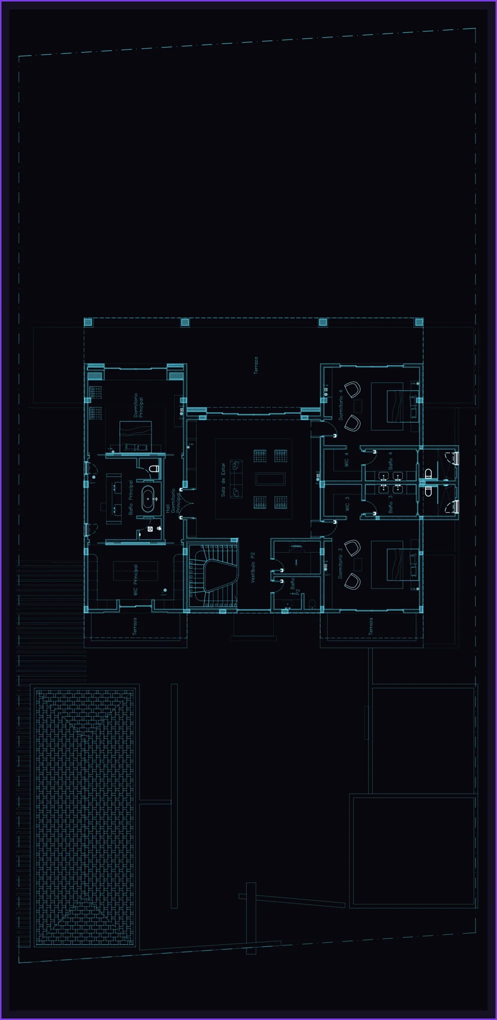 Corales 80 — level 2 tech plan, X-ray blueprint style