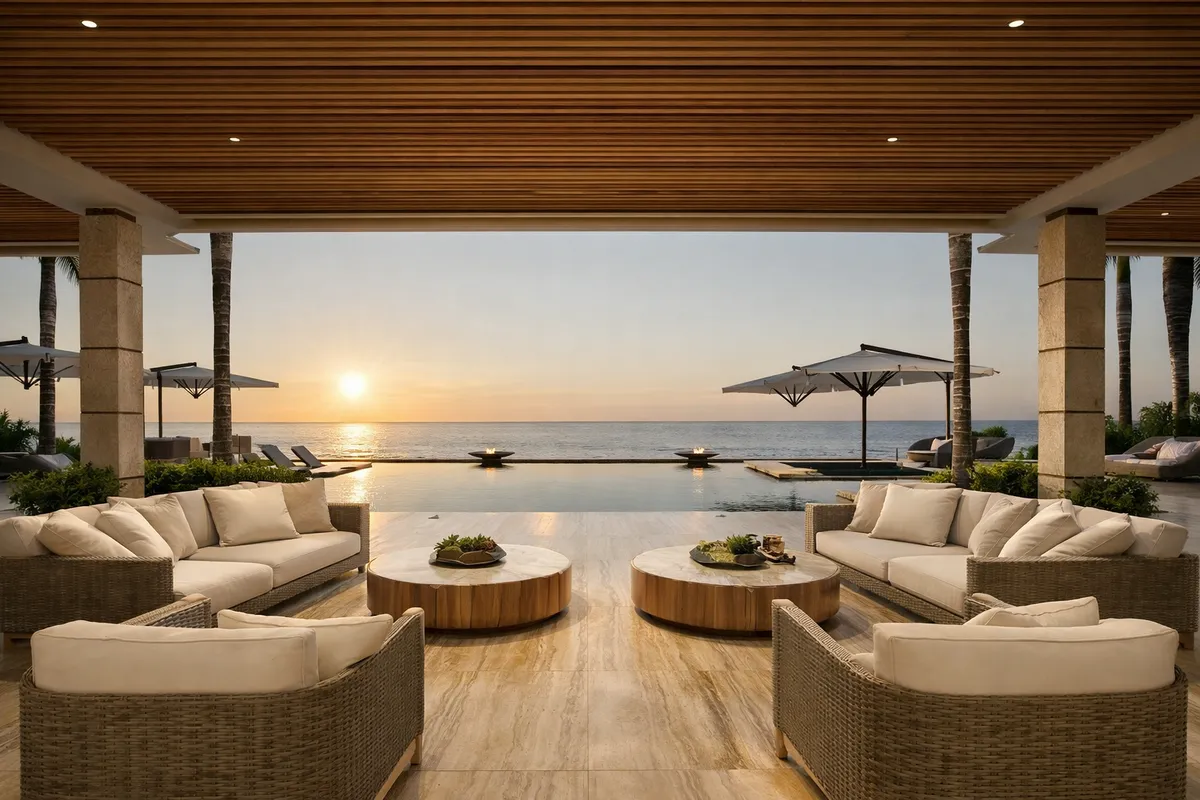 Covered terrace with wicker sofas facing an infinity pool and the ocean at sunset
